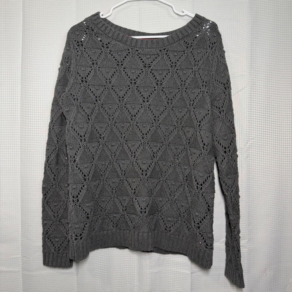 Tommy Hilfiger Sweater Large Gray Diamond Pointelle Knit‎ Cotton Pullover